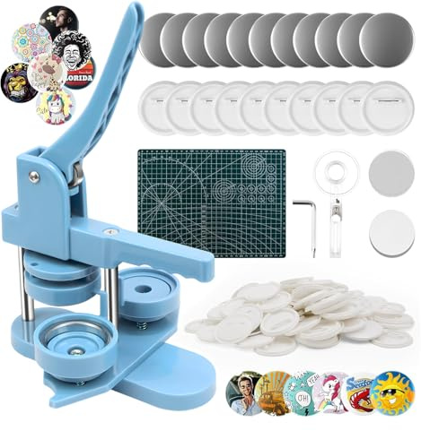 Maquina Chapas 58mm, Maquina Hacer Chapas con 100 Accesorios & Cortador Circular & Tapete de Corte, Maquina de Chapas para Hacer Botones, Maquina de Hacer Chapas, Máquina para Hacer Insignia, Azul