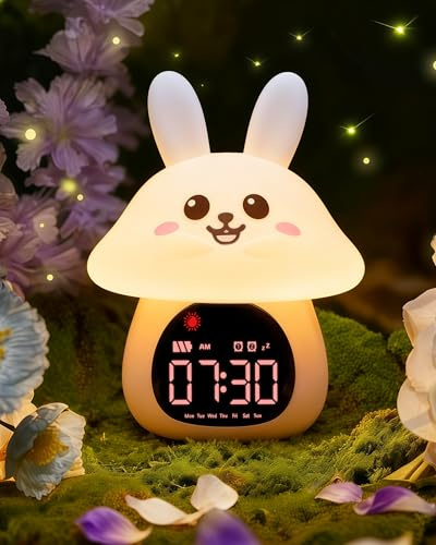 Yiliaw Réveil Enfant Éducatif Jour/Nuit Lumineux en Silicone avec Veilleuse – Horloge avec Lumière Apaisante, Idéale pour Garçons et Filles, Parfait pour Chambre d’Enfant, Lapin Champignon