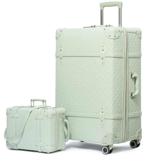 Urecity Vintage Reisekoffer Set 2 Teilig Leicht Retro Lederkoffer Hartschale Trolley Handgepäck Sets mit TSA Schloss und 8 Rollen (Grün Gestreppt, S(14)+M(20))