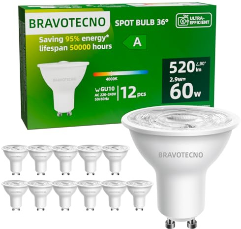 bravotecno GU10 LED Glühbirne, Energieklasse A LED Neutralweiss, 4000K 2.9W 520LM GU10 Spot Neutralweiß Entspricht 60W, 36° Abstrahlwinkel, Nicht Dimmbar, Wärmearm & Langlebig, 12 Stück