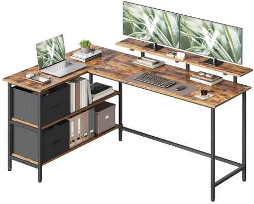 VASAGLE Scrivania per Computer a L, Scrivania ad Angolo con 2 Cassetti Spaziosi e Supporto per Monitor, Ripiano Regolabile, per Ufficio Studio, 155 x 105 cm, Marrone Vintage LWD129K101