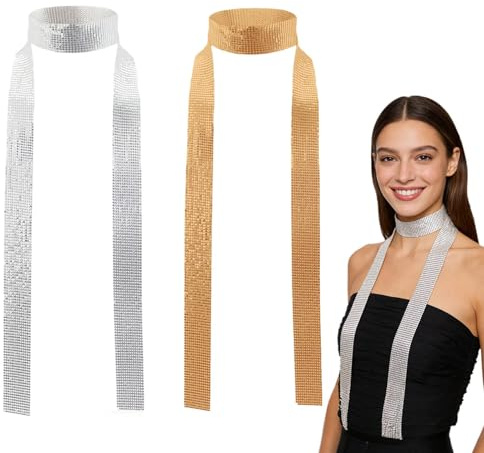 GYIOFAI 2 Pezzi Sciarpa di Glitterata da Donna, Carnevale Festa Metallico Sciarpa Sottile Paillettes Collana con Paillettes Moda Cravatta Glitter Retrò Discoteca Accessories per Cosplay
