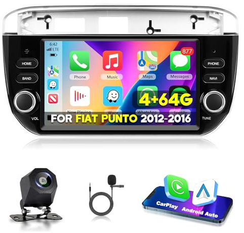 Motorsi 4GB+64GB Carplay Autoradio per Fiat Punto 2012-2016 - Wireless Android Auto Car Stereo Schermo con GPS Navigation WiFi Bluetooth RDS/FM Radio SWC USB Mirror Link Canbus & Telecamera
