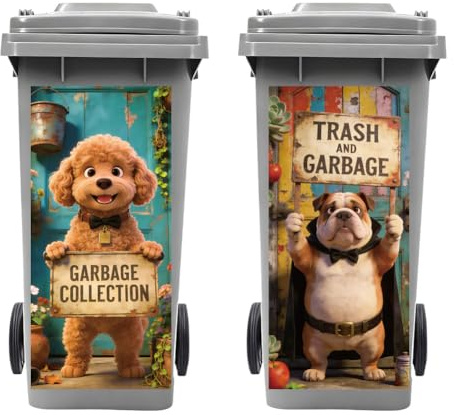 Peacoblue 2Pcs Wheelie Bin Stickers Dog Holding Sign for Dustbin Decor | 82x38cm,rubbish Cover,Large Wraps,Waterproof,Funny Decals for Fridges Door,Wall,Garden Indoor Outdoor Patio Decorative