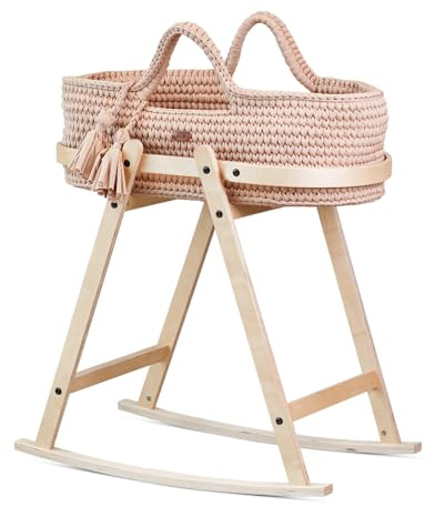 LIINI® Babywiege mit Moseskorb (Mokka) – sanfte Wiegebewegung, handgehäkelt, nachhaltiges Holzgestell, inkl. Matratze & Täschchen – ab Geburt bis 9 kg – EN 1466:2023