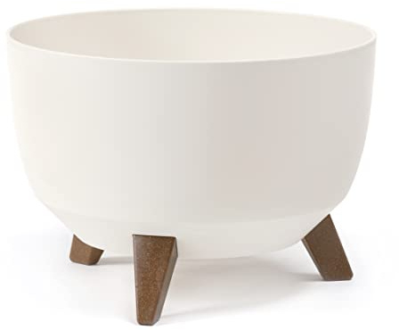 LAMELA Runder Blumentopf mit stivollen Füßen - Moderner Kunststofftopf - Ø 33 cm x H 18,5 cm, 12,4 L - Wetterfest & pflegeleicht - Für Innen & Außen - Creme, Cremig | Robust und wetterfest, Einsatz mit Wasserablauf - für innen und außen, fördert gesunde Wurzeln