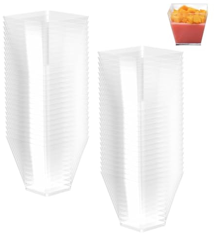 Ravytha 50 Stück Dessertgläser Wiederverwendbar, Dessertschalen Klare, Dessertbecher Quadratischer, Nachtisch Gläser mit Löffeln, Desserttassen für Pudding, Mousse und Eiscreme(2oz/60ML)