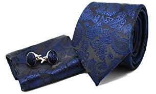 Coffret Cravate Homme Motif Cachemire/Paisley Bleu Marine 100% Soie | Mouchoir de Poche, Boutons de Manchette, Classique, Élégant et Moderne
