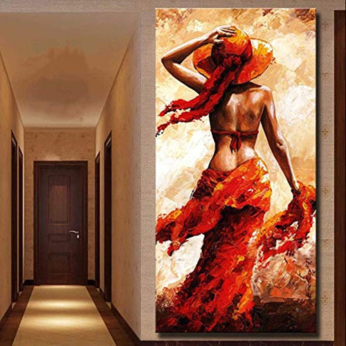 Peinture À L'Huile Peinte À La Main Sur Toile,La Figure Abstraite,Peinture Noire Africaine Femme En Rouge Orange Grande Taille,L'Art Européen Moderne Décoration Murale Pour L'Entrée Séjour,Cuisi