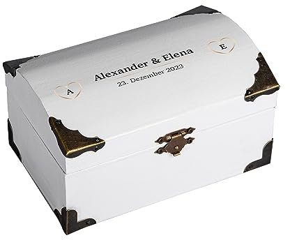 Schatzkiste zur Hochzeit als personalisiertes Hochzeitsgeschenk für das Brautpaar I Weiß I Herzen I Verpackung für Geldgeschenk