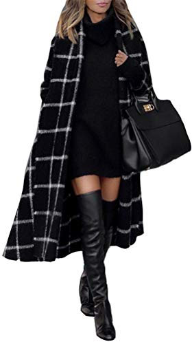Onsoyours Mi-Longue Manteau en Laine Carreaux Manches Longues Élégant Femme Blouson Noir S