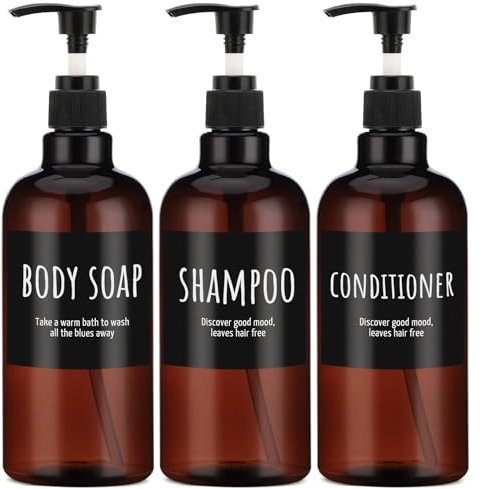 Bouteille de shampoing Rechargeable de 500 ML, Segbeauty Distributeur de shampoing 3 pièces 16,9 oz avec étiquette, Bouteilles à Pompe vides, Distributeur de Presse en Plastique Marron