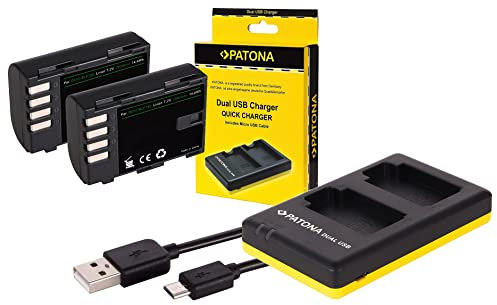 3in1-SET für die Panasonic Lumix DC G9 / DC-G9EG-K mit 2 Premium Akku kompatibel mit DMW-BLF19 und DMW-BLF19E (2000mAh) + Dual Ladegerät (lädt 2 Akkus gleichzeitig)