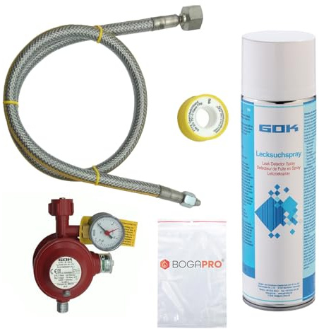 BOGAPRO GOK Herd Anschluss Set Pro, mit Kontrollmanometer, Absperreinrichtung, 200 cm Gasschlauch und Teflonband, 50 mBar Betriebsdruck, inkl. Lecksuchspray und Polybeutel