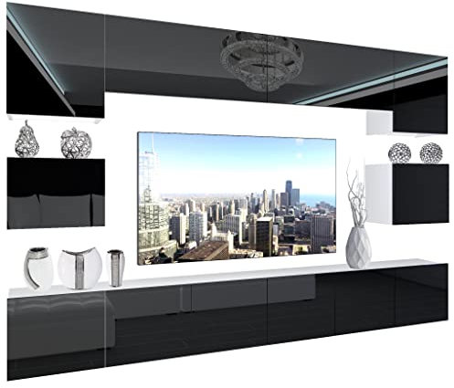 BELINI Wohnwand Vollausstattung Wohnzimmer-Set Moderne Schrankwand mit LED-Beleuchtung Anbauwand TV-Schrank Schwarz
