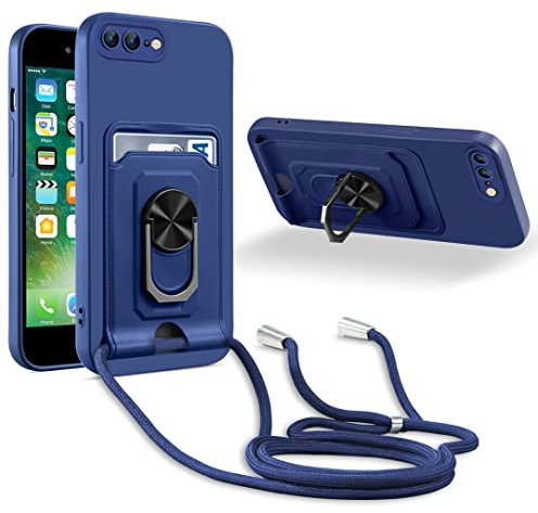 JMstore Handykette Schutzhülle Kompatibel mit iPhone 7 Plus/iPhone 8 Plus,360° Ring Ständer magnetisches Eisenblech+Kartenfach Kameraschutz Stoßfester Silikon hülle-Blau