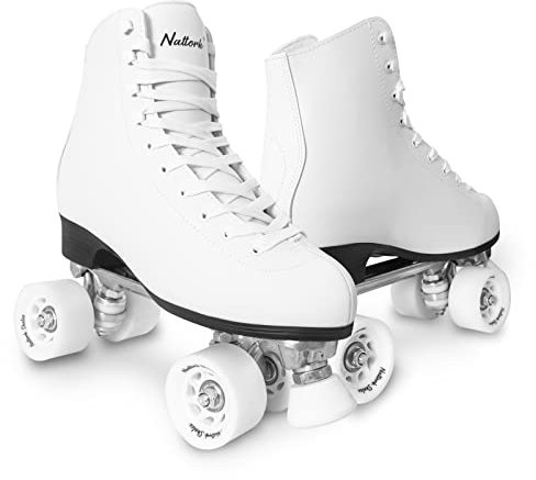 Rollschuhe für Damen, mit PU-Leder, hohe Doppelreihige Rollschuhe, Unisex, für Erwachsene, für drinnen und draußen, weiß, Größe 44 mit verstellbarer schneller Bremse, für Anfänger