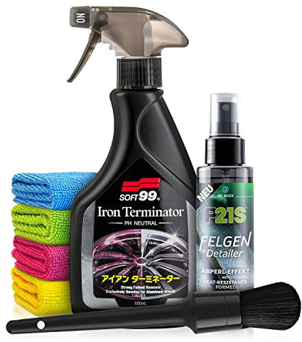 Felgenpflege Set: Soft99 Iron Terminator Felgenreiniger pH-Neutral (500ml) - Entfernt schonend Verschmutzungen auf allen Felgen - Alufelgen, Stahlfelgen, Flugrostentferner, Pinsel | 7-teilig