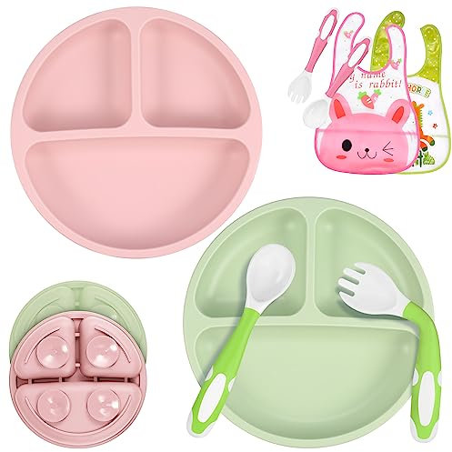 twocolur 2 Platos de Silicona para Bebé con Ventosa, Platos Ventosa Bebe, Diseño de Partición, Con Utensilios y Baberos, Sin BPA, Aptos Para Microondas y Lavavajillas, Antideslizante (Rosa & Verde)