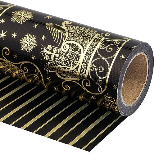 WRAPAHOLIC Wendbares Weihnachts-Geschenkpapier – Mini-Rolle – 43 cm x 90 cm – Schwarz und Gold Weihnachten Schlitten und Streifen mit Metallfolie für Weihnachten, Urlaub, Party Feier