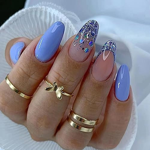 Almond False Nails Short, 24Pcs French Blue Glitter Glossy Press on Nails with Adhesive Tabs, Acrylic Full Cover Reusable Ballerina Fake Nails, Stick on Nails for Women and Girls