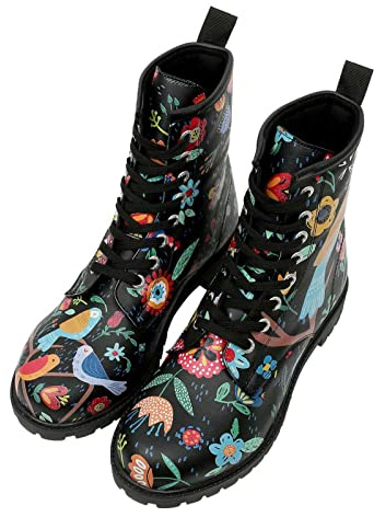 DOGO Long Boots - Flower & Birds BLACK - Vegane Damen Boots und Nachhaltige und Bunte Stiefeletten - Trendige Bequeme Stiefel für Damen