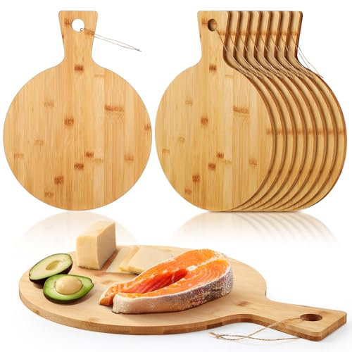 Kigley 10 Pcs Bamboo Cutting Board with Handle 12 Inch Bamboo Wooden Round Cutting Board Pizza Board Kitchen Chopping Boards for Home Baking Pizza Bread Cake Cheese Fruits Vegetables Charcuterie