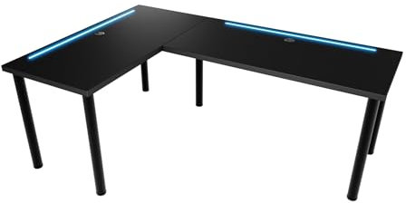 KOBI Gaming Tische mit LED Model N | 160 + 110 x 50 x 73 cm PC Tisch | Schwarz Höhenverstellbar Ecktisch Gamingtische | Eck Schreibtisch | Unterhaltung Wissenschaft | Ergonomisch Gamer Computer Desk
