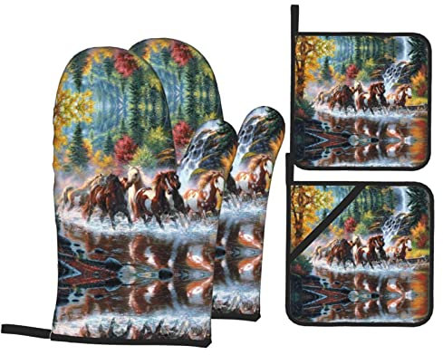 Ofenhandschuhe und Topflappen für Pferde, hitzebeständig, für Grillen, Kochen, Mikrowelle, leicht zu reinigen, 4-teiliges Set