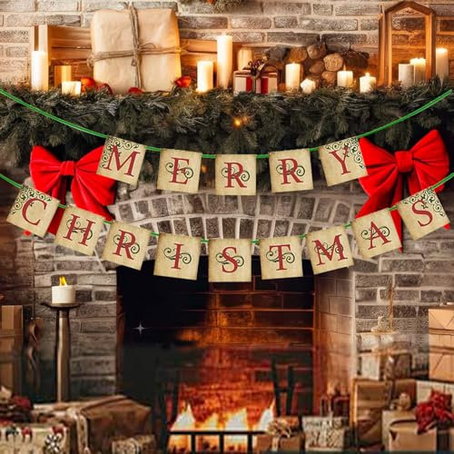 Vintage Weihnachtsdekoration – Vintage Merry Christmas Banner Schild – nostalgisch traditionell altmodisch viktorianische Weihnachtsdekoration für drinnen Zuhause Büro Kaminsims Bauernhaus Kamin