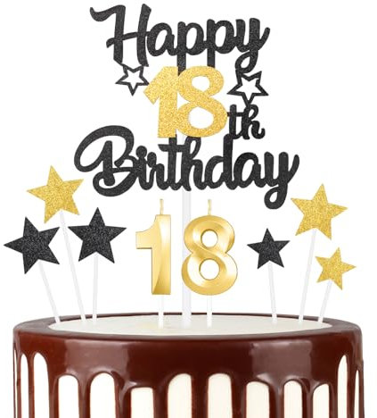 Black Gold 18th Happy Birthday Candles Cake Toppers Set, Number 18 Candle for Cake, Gold Candles for Women Men Birthday Decorations, Star Cake Toppers for Girls Boys Birthday Party Wedding Anniversary
