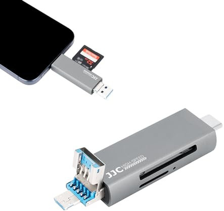 JJC Metal USB 3.0 SD Card Reader for iPhone 15 Pro Max Plus, 3-in-1 USB3.0 Micro USB2.0 Type C 3.0 External Card Reader for SD SDHC SDXC TF MicroSDHC MicroSDXC UHS-I Memory Cards (Gray)