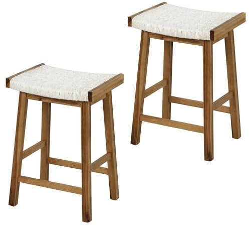 GiantexUK Bar Stools Set of 2, Saddle Style Counter Height Stools with Seaweed Woven Seat, Footrests & Anti-slip Pads, Backless Wooden Breakfast Barstools for Kitchen Home Living Dinging Room