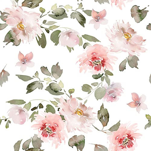 VEELIKE Papier Peint Fleuri Rose Aquarelle Papier Peint floral Papier Peint Adhesif Mural Papier Peint Fleur Blanche Papier Collant pour Meuble Chambre Salon Papier Peint Salle de Bain 44,5cm × 300cm