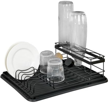WENKO Geschirrabtropfer mit Flaschenhalter Mod. Amy, Abtropfgestell für die Spüle, abnehmbare Komponenten, Tablett aus recyceltem Kunststoff, Schwarz