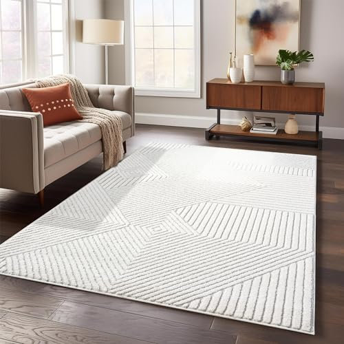 payé Teppich Wohnzimmer - 160x230cm Creme-Grau Hochtief Struktur Flachflor - Geometrische Muster Boho Wohnteppich