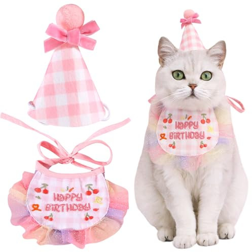 Kunyeah 2-teiliges Haustier-Hut-Schal-Set, niedlich, bestickt, Katze, Bandana, Outfit, Haustier-Schleife, Kegelhut, Katze, Karomuster, Prinzessinnen-Kostüme, Hunde-Lätzchen, Partyzubehör, Dekoration