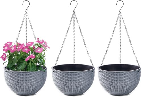 WOWEI Blumenampel Hangend 3er Set Hängeampel mit Wasserspeicher & Ablaufloch Selbstbewässerung Blumenampel Outdoor Indoor Hängeampel Pflanzen mit Ketten Blumentopf Hängepflanztöpfe (Grau, M:3 Set)