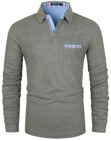 KUNJLELP Men's Premium Long Sleeve Polo Shirt Casual Cotton T-Shirt with Real Pocket,Grey 37,M