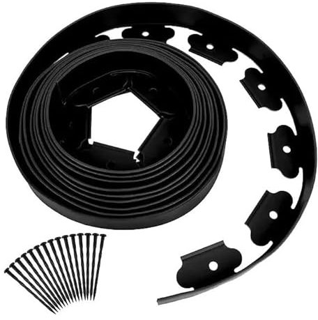 Lawn Garden Edging Border with Heavy-Duty Ground Stakes 10m Long and 5CM High Flexible Flower Bed Edge and Reinforced Plastic Pegs, Professional Landscape Dividers, All Weather Resistant (1, Black)