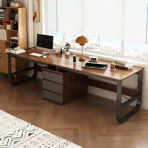 HCBHG Large Two Person Desk with Drawers, Double Gaming Computer Desk Workstation, Wood Writing Study Table, Long Desk for 2 People, for Home Office(Walnut,78.74in)