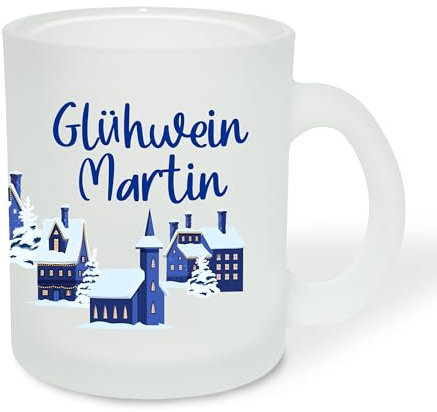 True Statements Geschenk für Glühwein-Fans: Glastasse „Blaue Stadt“ mit Namen personalisiert - Geschenkidee Weihnachten zur Adventszeit & Weihnachtszeit - Glastasse satiniert, ca. 300ml