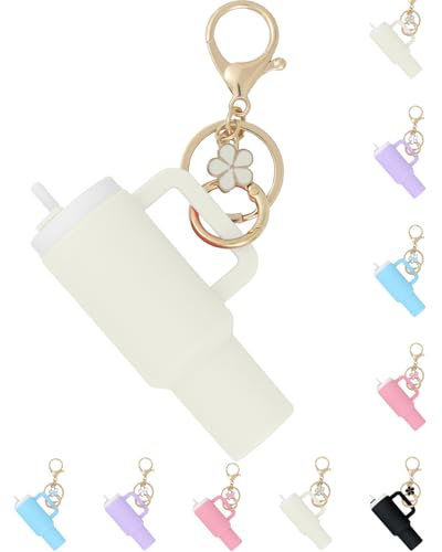 ZERCEJC Mini Tumbler Keychain for Stanley Cup Accessories，School Bag Handbag Backpack Keychain for Woman Girl，Cute Tumbler Keychain with Flower Charm (Off White), Ivory, universal, Ivory, universal