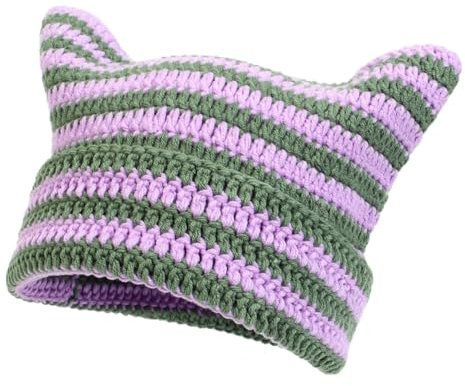 Mütze Bagger Crochet Hats for Women Handmade Knit Cat Ear Beanie Hat Winter Hat Vintage Goth Lammfell Mütze (Purple, One Size)