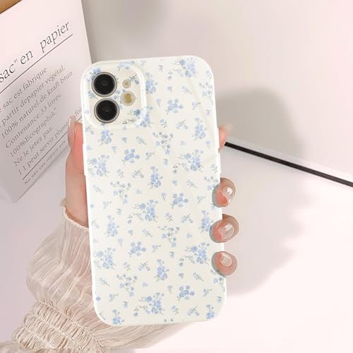 Phoona Cute Case for iPhone 11 6,1, Preppy Floral Vintage Flower Girly Aesthetic Pattern Design, Raised Camera Protection Bumper Soft Slim TPU Shockproof Protective Cover for Girls Women, Blue