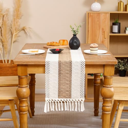 Tosleo Khaki Makramee Tischläufer Boho Deko mit Quasten Baumwollflachs Mesh Tischdecke für Bauernhaus Böhmische Hochzeit Tabletop Dekor Party Hochzeit Küche 30x140cm