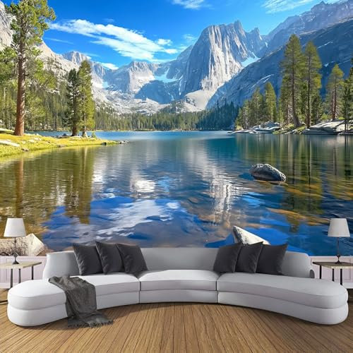 JEDTAKCT Papier Peint Panoramique Lac Montagnes 350X256Cm - Décoration Papier Peint Intissé Moderne – Tapisserie Murale Tableaux Muraux Pour Chambre Salon - Paysage Naturel