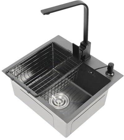 Qussse Fregadero de cocina de 45 x 40 cm, con cesta de desagüe y dispensador de jabón, de acero inoxidable, con grifo, 1 lavabo, color negro