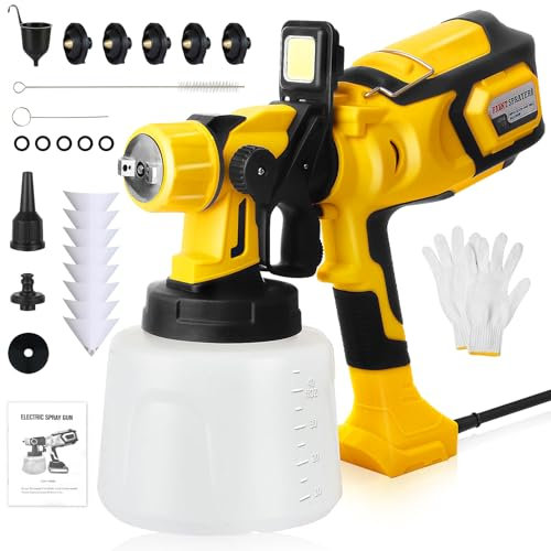 Pistola de Pintura HVLP 1000W, Pistola de Pintura Eléctrica con Tanque de 1400ml, 5 Boquillas de Latón, Luz LED, Flujo Ajustable y Ángulo de Pulverización para Pintar Paredes y Techos