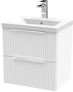 Balterley Vanity Unit with Basin Wall Hung, 2 Drawer Soft Close with Mid Edge Sink and Handles, Bathroom Vanity Units with Basin, Fluted Front Sink Cabinet - 510 x 390 x 540mm (White)